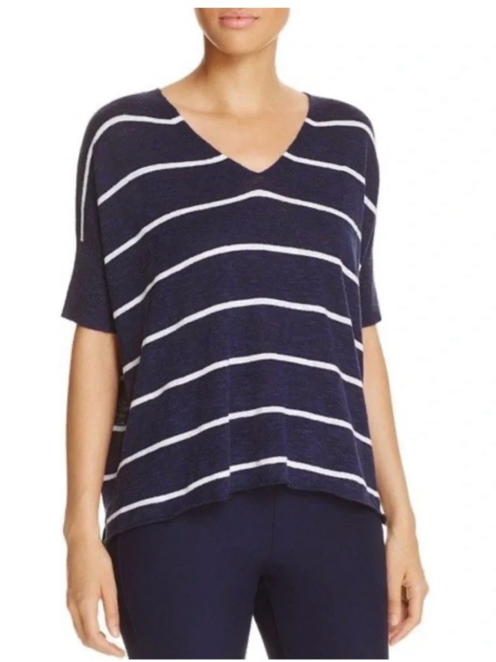 Eileen Fisher oversized boxy organic cotton / linen v-neck top L striped navy